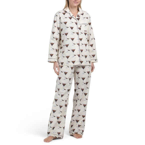 CRAFTED BY MAHOGANY Beige 2pc Cotton Espresso Martini Pajama Set - Picture 1 of 2